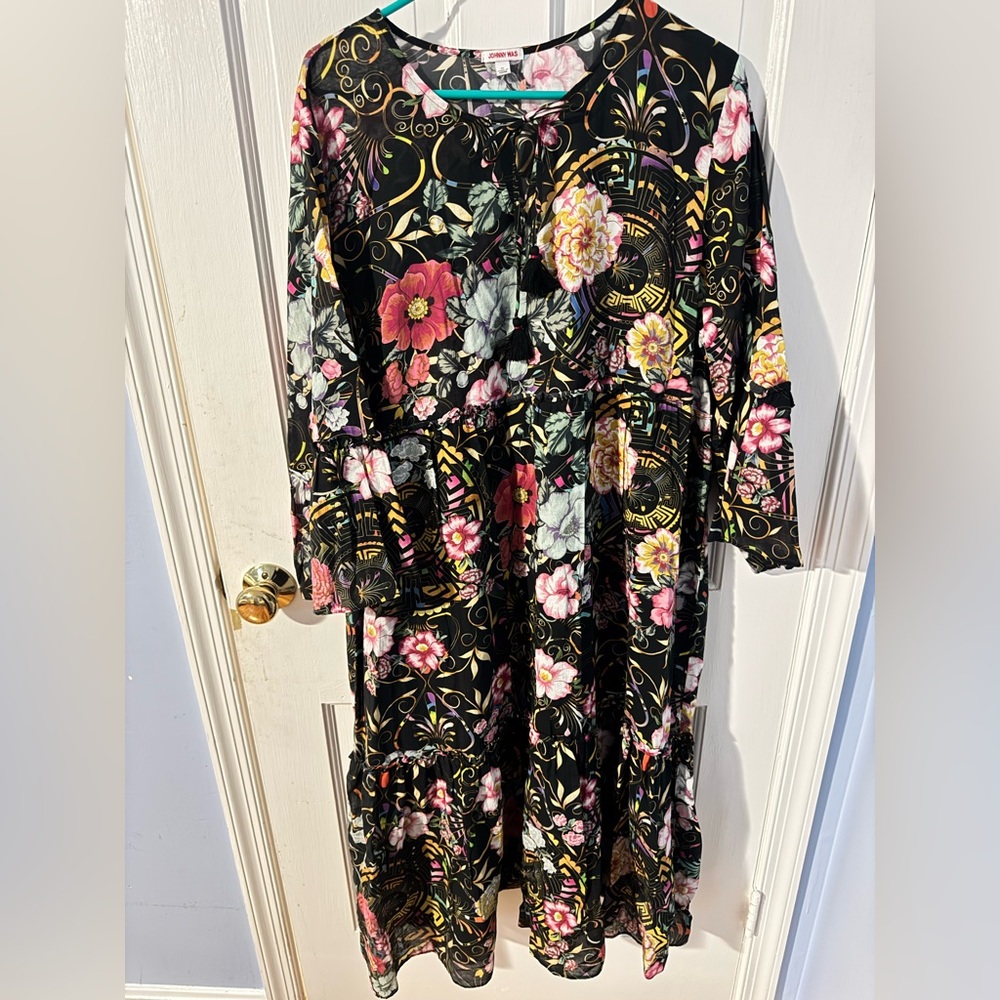 Johnny Was Peace Ruffle Tiered Dress black floral print.